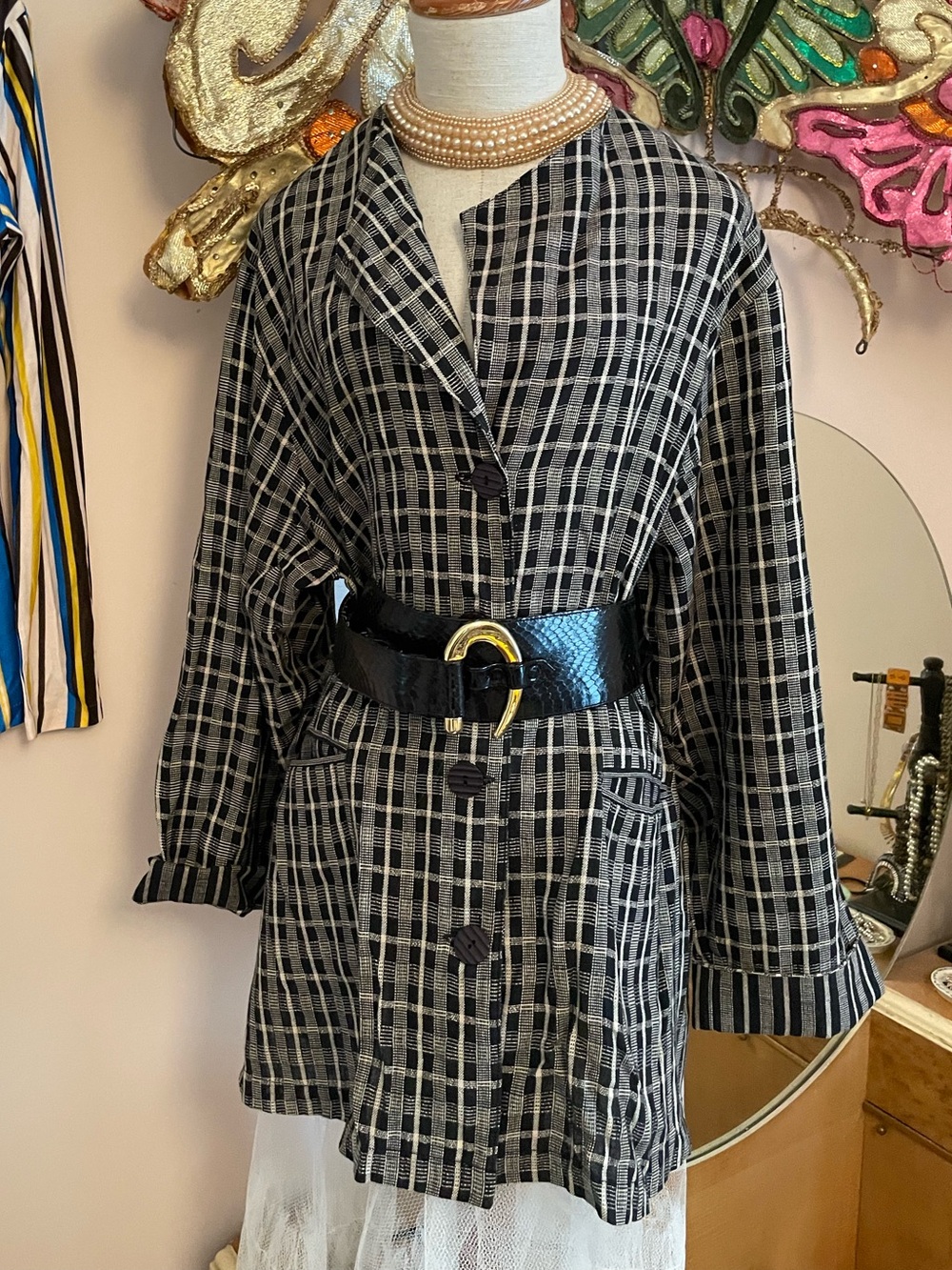 Womens 1980s Natural Fibers 100% Cotton Black & White Plaid Oversized Blazer
